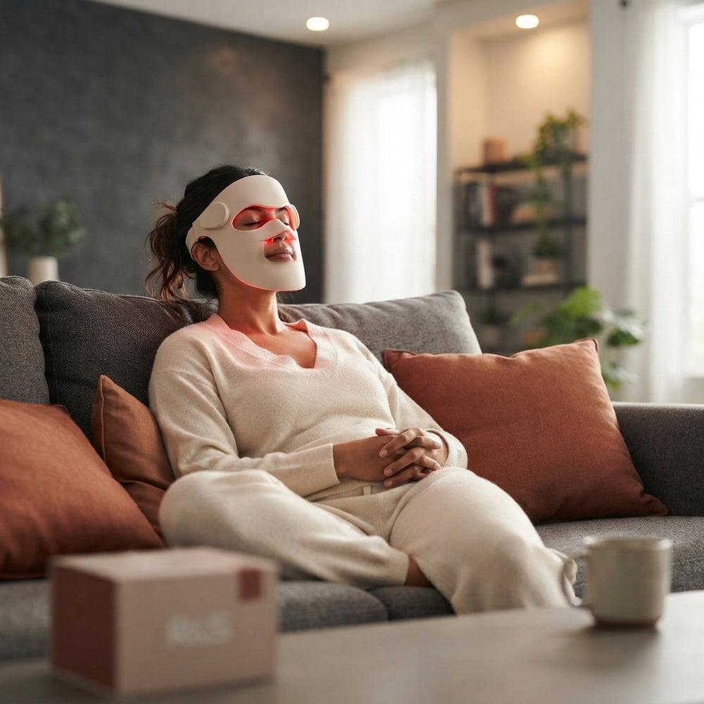 A woman wearing a professional LED red light mask for skincare, sitting in a modern living room with terracotta and charcoal 