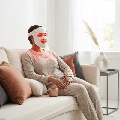 A woman wearing a professional LED red light therapy mask while relaxing comfortably on a sofa in a modern, well-lit living r
