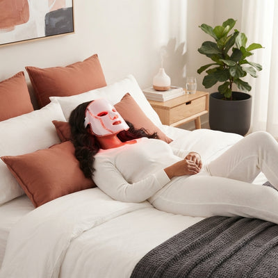 A woman wearing a professional LED red light mask while relaxing on a bed in a modern, calm bedroom with terracotta and charc