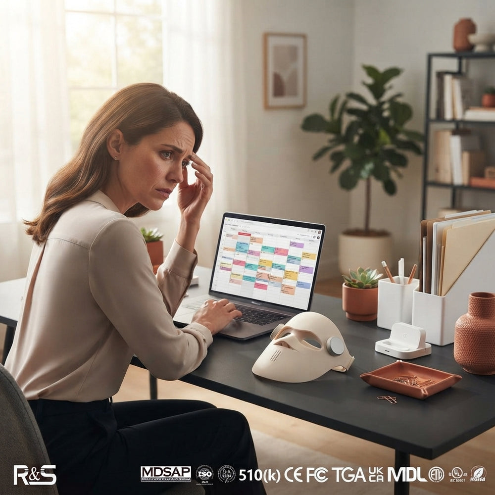 A woman looking at a calendar on her laptop with a professional LED red light mask on her desk in a modern home office.